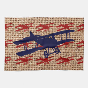 Vintage Biplane Propeller Airplane on Burlap Print Kitchen Towel