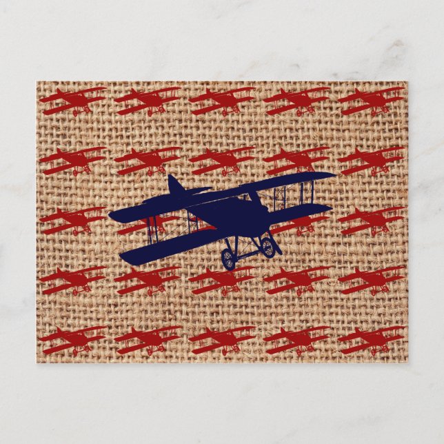 Vintage Biplane Propeller Airplane on Burlap Print Postcard (Front)