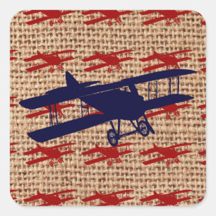 Vintage Biplane Propeller Airplane on Burlap Print Square Sticker