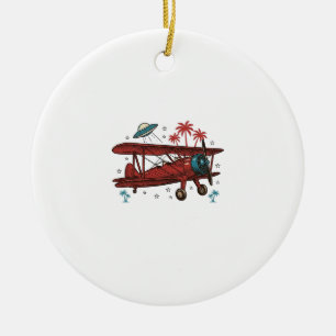 Vintage Biplane UFO Tropical Travel Shirt Design_1 Ceramic Ornament