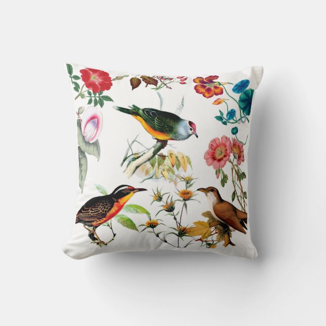 Vintage Bird and Floral Pattern Throw Pillow (Front)