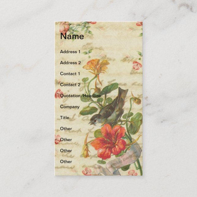 Vintage Bird and Flowers Business Card (Front)