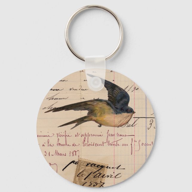 Vintage Bird and Ledger Paper Digital Art Keychain (Front)