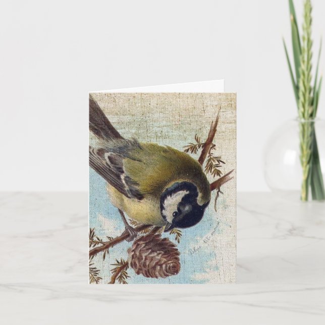 Vintage Bird and Pinecone Holiday Card (Front)