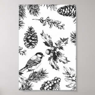 Vintage Bird and Pinecone Pattern Christmas Poster