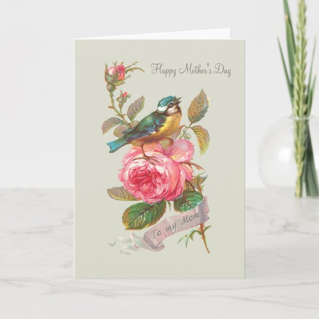 Vintage bird and rose Mother's Day Greeting Card (Front)