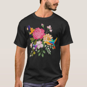 Vintage Bird Animal Lover Nature Roses Flowers Hum T-Shirt