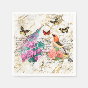 Vintage Bird Art, Flowers Old Letters Decoupage Napkin