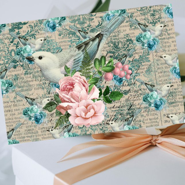 Vintage Bird Art, Flowers Old Letters Tissue Paper (Creator Uploaded)