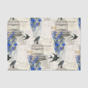 Vintage Bird Birdcage Blue Flowers Tissue Paper