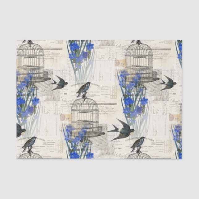 Vintage Bird Birdcage Blue Flowers Tissue Paper (Front)