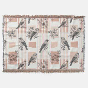 Vintage Bird Blossom Toile Stripe (11) Throw Blanket