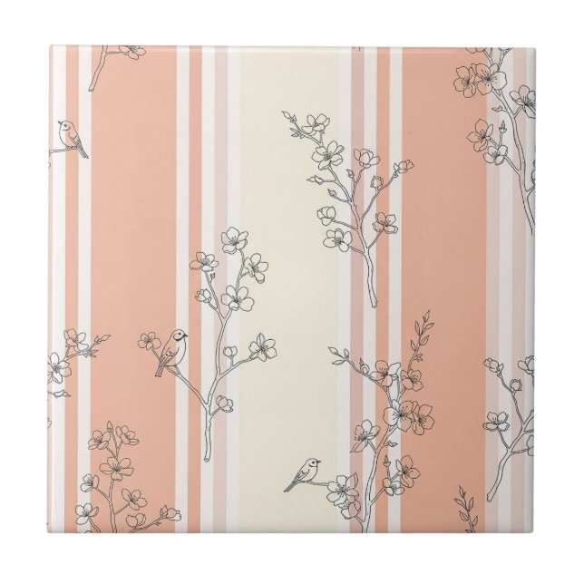 Vintage Bird Blossom Toile Stripe (13) Tile (Front)