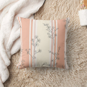 Vintage Bird Blossom Toile Stripe (14) Throw Pillow