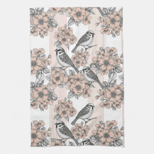 Vintage Bird Blossom Toile Stripe (1) Kitchen Towel
