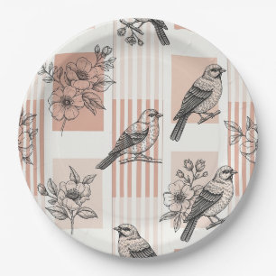 Vintage Bird Blossom Toile Stripe (1) Paper Plate