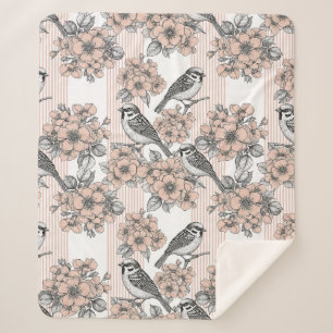 Vintage Bird Blossom Toile Stripe (1) Sherpa Blanket