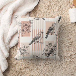 Vintage Bird Blossom Toile Stripe (2) Throw Pillow