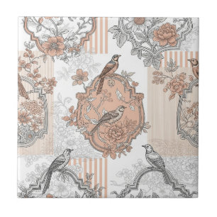 Vintage Bird Blossom Toile Stripe (2) Tile