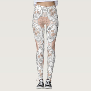 Vintage Bird Blossom Toile Stripe (3) Leggings