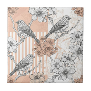 Vintage Bird Blossom Toile Stripe (3) Tile