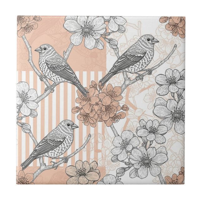 Vintage Bird Blossom Toile Stripe (3) Tile (Front)