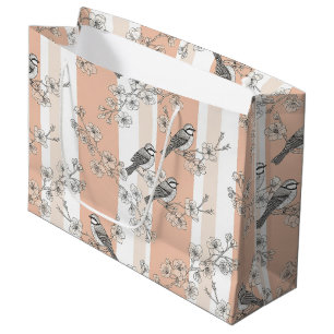 Vintage Bird Blossom Toile Stripe (4) Large Gift Bag