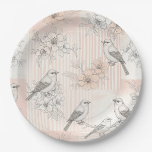 Vintage Bird Blossom Toile Stripe (7) Paper Plate
