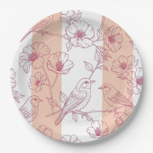 Vintage Bird Blossom Toile Stripe (9) Paper Plate
