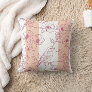 Vintage Bird Blossom Toile Stripe (9) Throw Pillow
