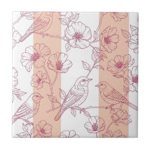 Vintage Bird Blossom Toile Stripe (9) Tile