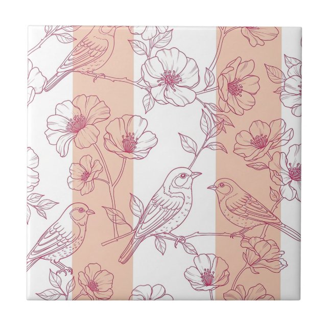 Vintage Bird Blossom Toile Stripe (9) Tile (Front)