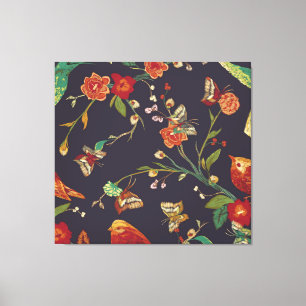 Vintage Bird, Butterfly, Embroidery Watercolor. Canvas Print