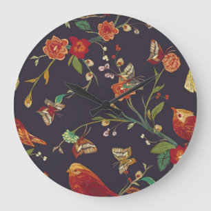Vintage Bird, Butterfly, Embroidery Watercolor. Large Clock