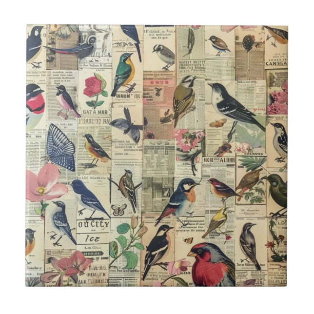 Vintage Bird Butterfly Newspaper Botanical Tile (Front)