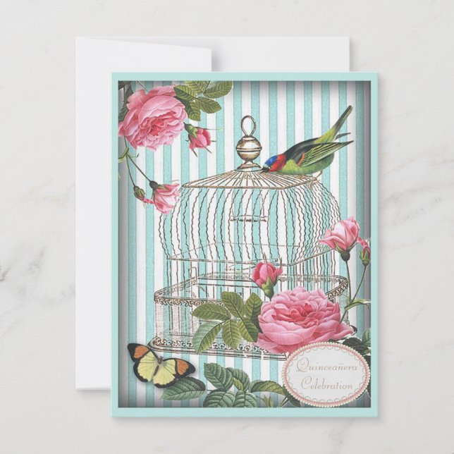 Vintage Bird, Cage, Butterfly & Roses Quinceanera Invitation (Front)