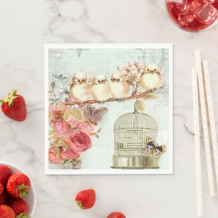 Vintage Bird Cage Flowers Birds on Branch Paper Napkin
