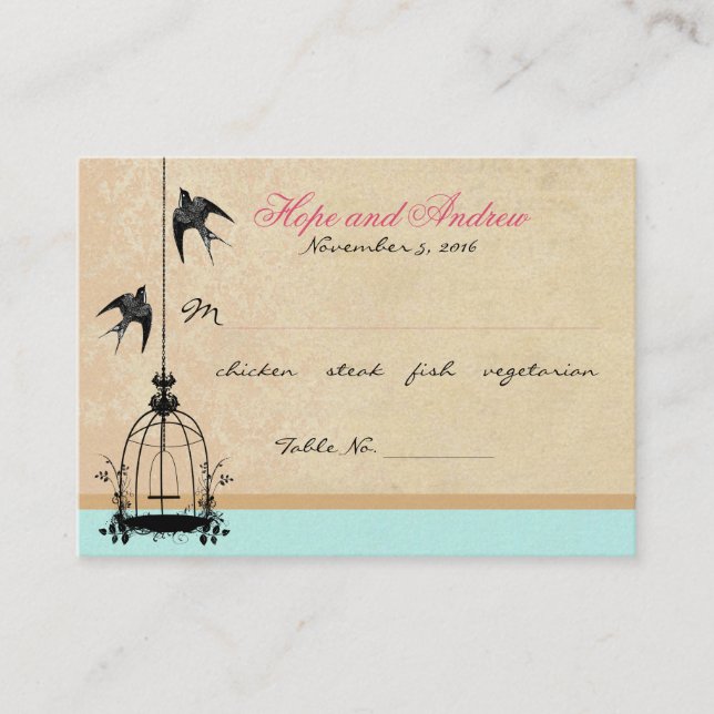Vintage Bird Cage Place Card with Menu Selection (Front)