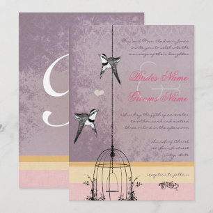 Vintage Bird Cage Purple Gold Pink Wedding Invitation