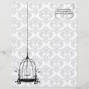 Vintage Bird Cage Red Damask Monogram Letterhead