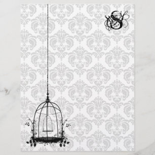 Vintage Bird Cage Red Damask Monogram Letterhead