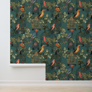 Vintage Bird Cage Sage Green Wallpaper