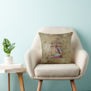 Vintage Bird Cage Throw Pillow