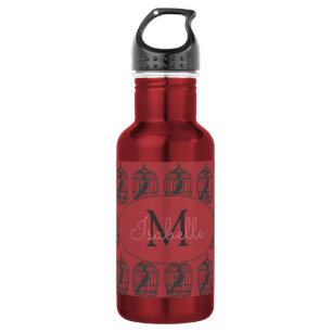 Vintage Bird Cages on Red Personalised 532 Ml Water Bottle