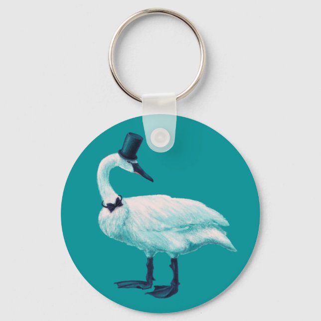 Vintage Bird Chic: Gentleman in Bow Tie Top Hat Keychain (Front)