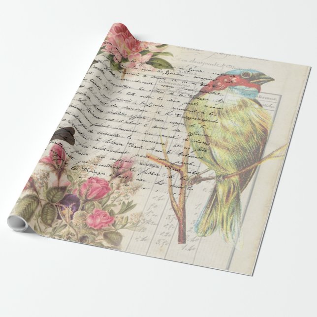 Vintage Bird Decoupage Botanical Wrapping Paper (Unrolled)