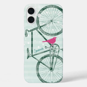 Vintage Bird Emerald Green Bike Pattern iPhone 16 Plus Case