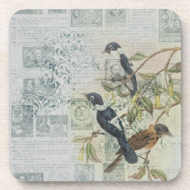 Vintage Bird Ephemera Decoupage Coaster (Front)