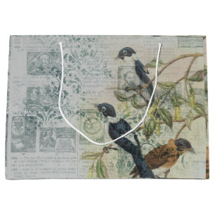 Vintage Bird Ephemera Decoupage Large Gift Bag
