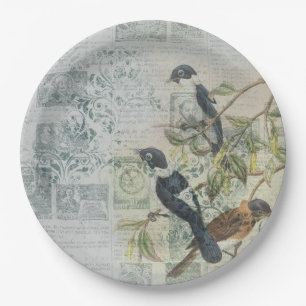 Vintage Bird Ephemera Decoupage Paper Plate